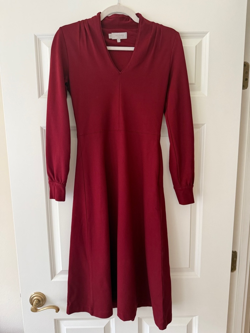 Hobbs Bordeaux Long-Sleeve V-Neck Midi Dress